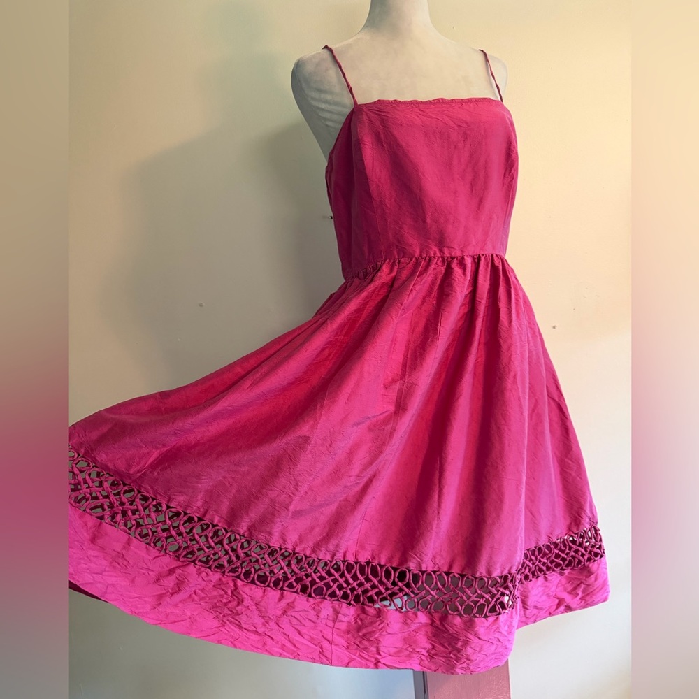 Ralph Lauren Silk Fuchsia Spaghetti-Strap Sundress with Lattice Hem